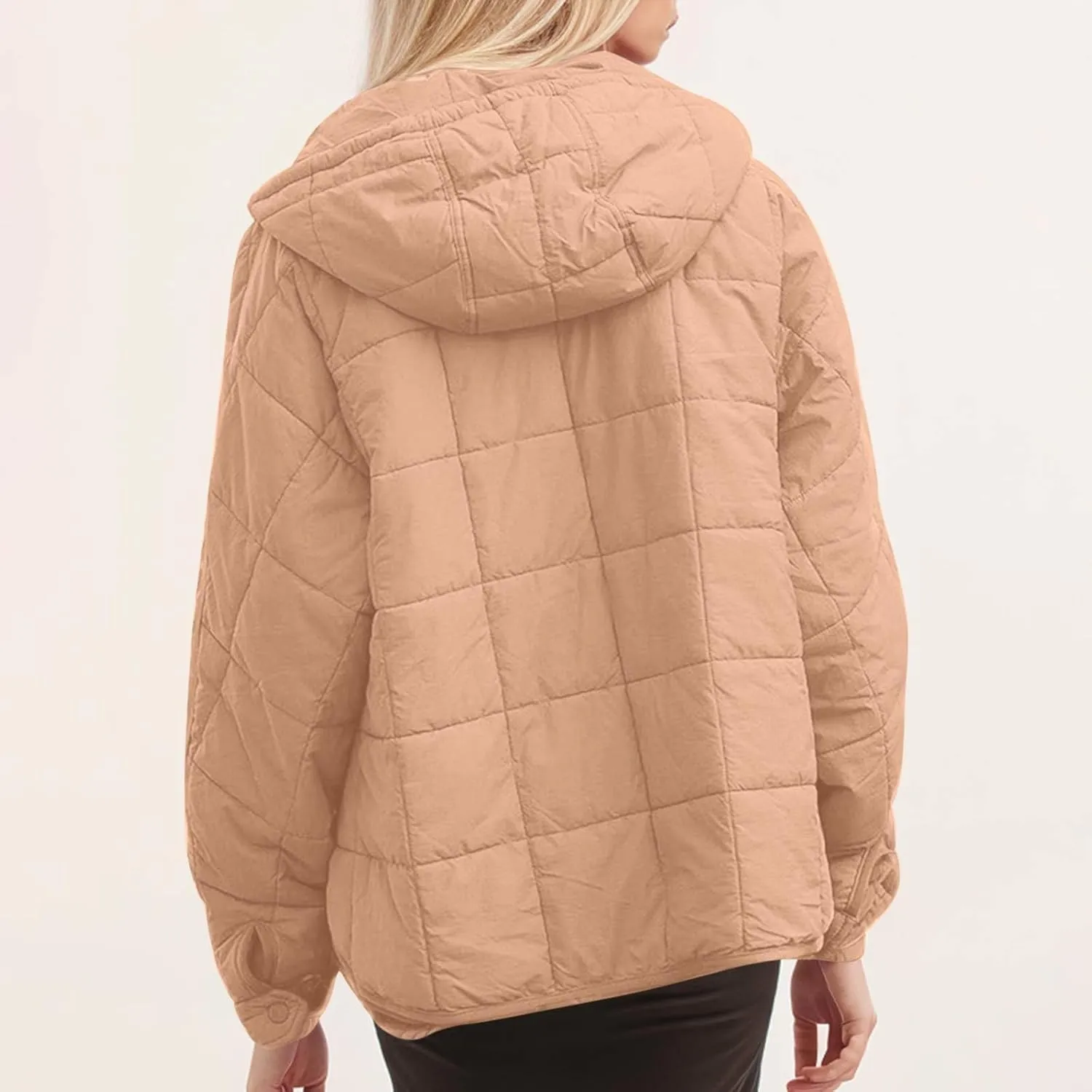 Xiaojmake Womens Quilted Puffer Jacket Oversized Long Sleeve Hooded Pullover Winter Warm Down Coats Light Jacket with Pockets