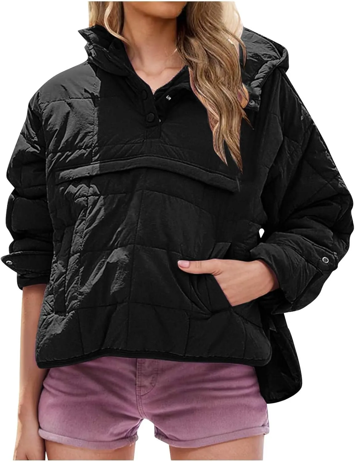Xiaojmake Womens Quilted Puffer Jacket Oversized Long Sleeve Hooded Pullover Winter Warm Down Coats Light Jacket with Pockets
