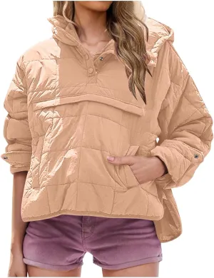 Xiaojmake Womens Quilted Puffer Jacket Oversized Long Sleeve Hooded Pullover Winter Warm Down Coats Light Jacket with Pockets