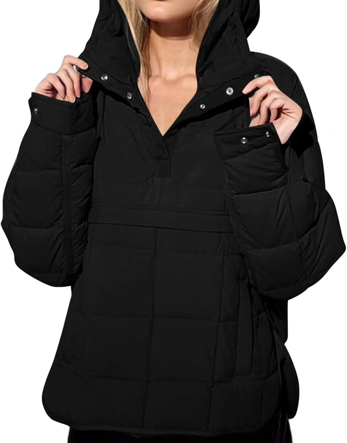 Xiaojmake Womens Quilted Puffer Jacket Oversized Long Sleeve Hooded Pullover Winter Warm Down Coats Light Jacket with Pockets