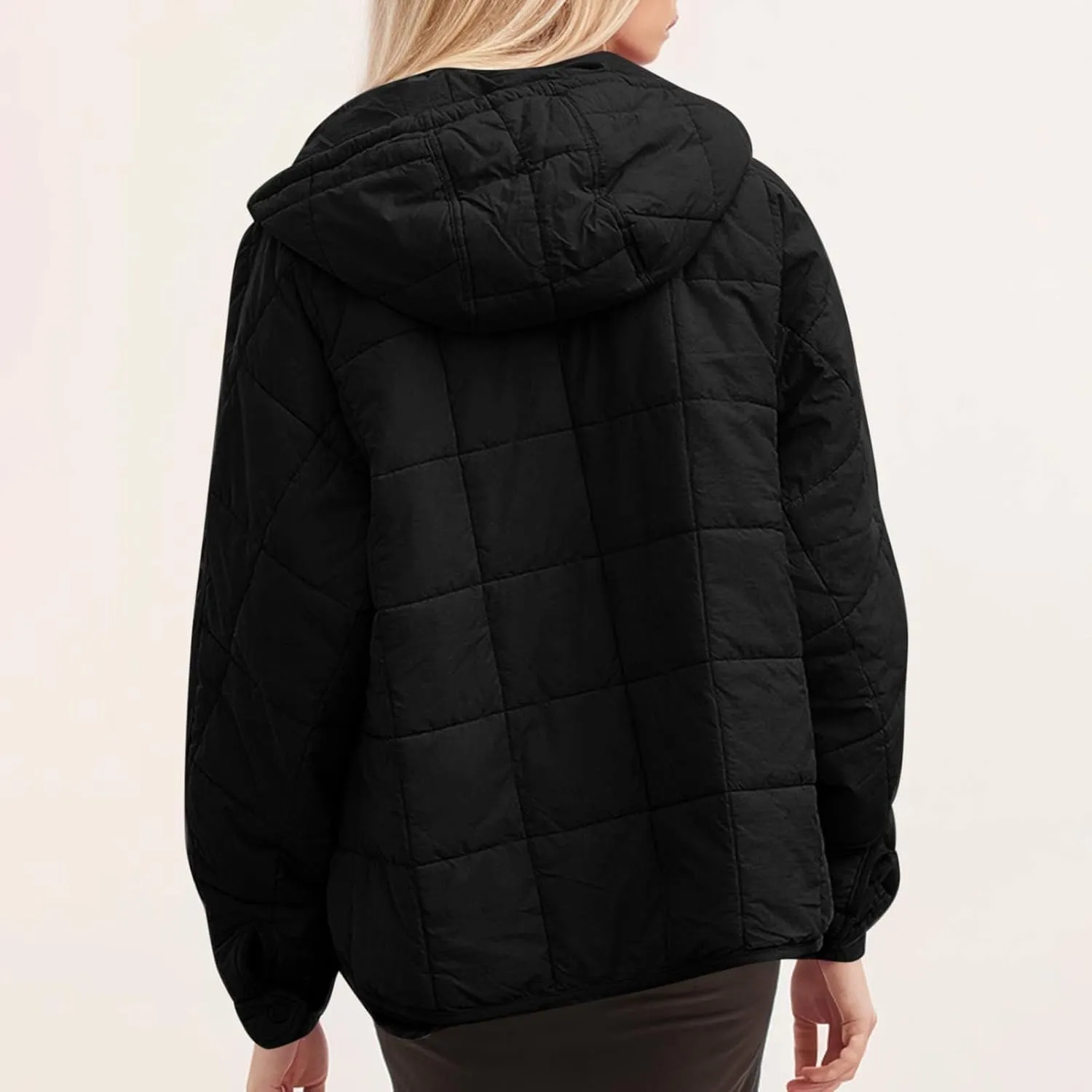 Xiaojmake Womens Quilted Puffer Jacket Oversized Long Sleeve Hooded Pullover Winter Warm Down Coats Light Jacket with Pockets
