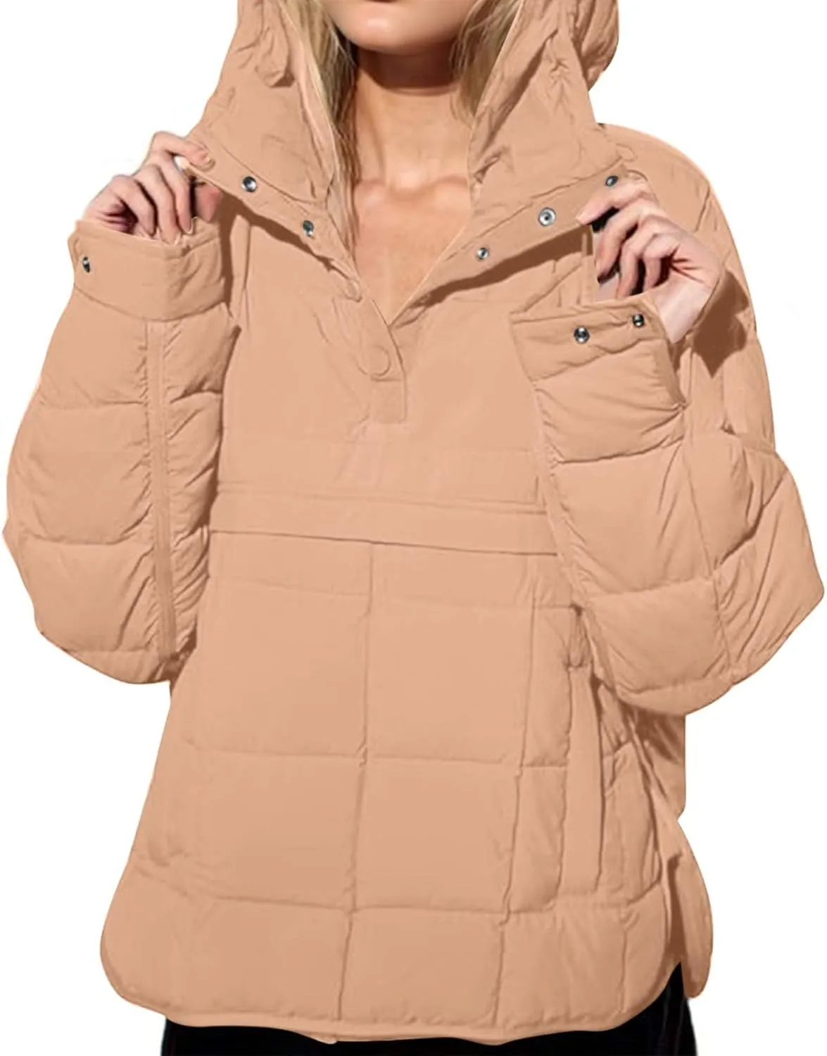 Xiaojmake Womens Quilted Puffer Jacket Oversized Long Sleeve Hooded Pullover Winter Warm Down Coats Light Jacket with Pockets