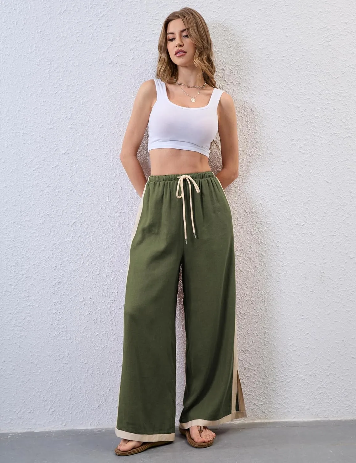 Xiaoxuemeng Wide Leg Pants for Women Casual Linen Side Striped Baggy Pants Elastic Waisted Trousers with Pockets