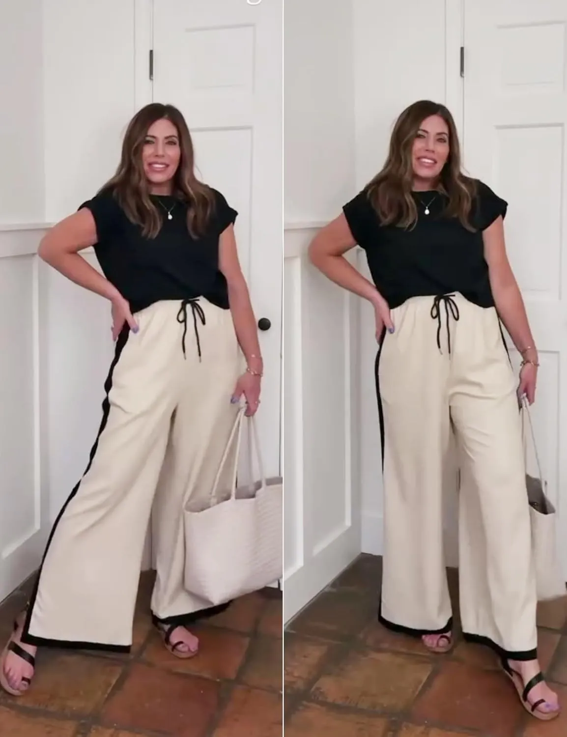 Xiaoxuemeng Wide Leg Pants for Women Casual Linen Side Striped Baggy Pants Elastic Waisted Trousers with Pockets