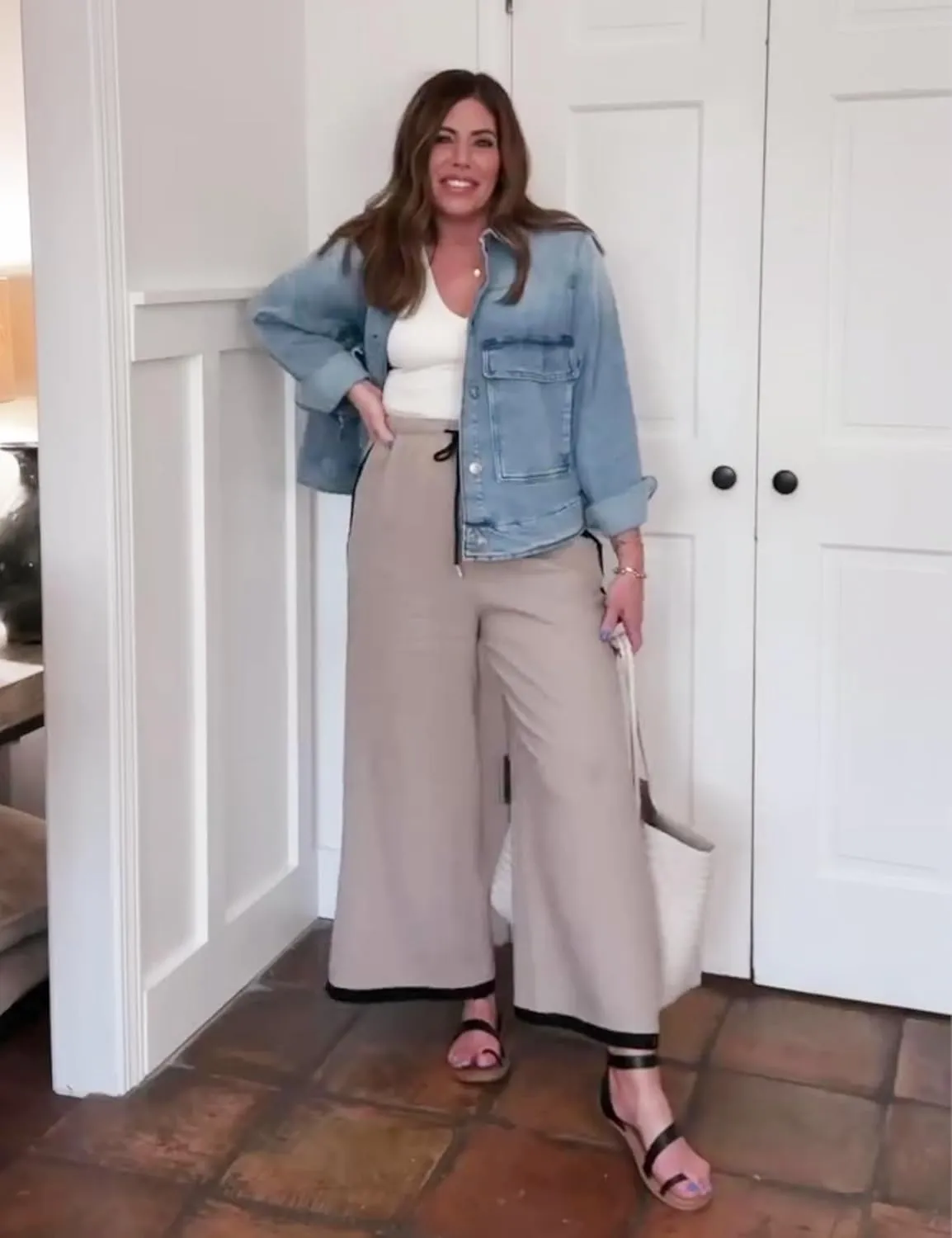 Xiaoxuemeng Wide Leg Pants for Women Casual Linen Side Striped Baggy Pants Elastic Waisted Trousers with Pockets