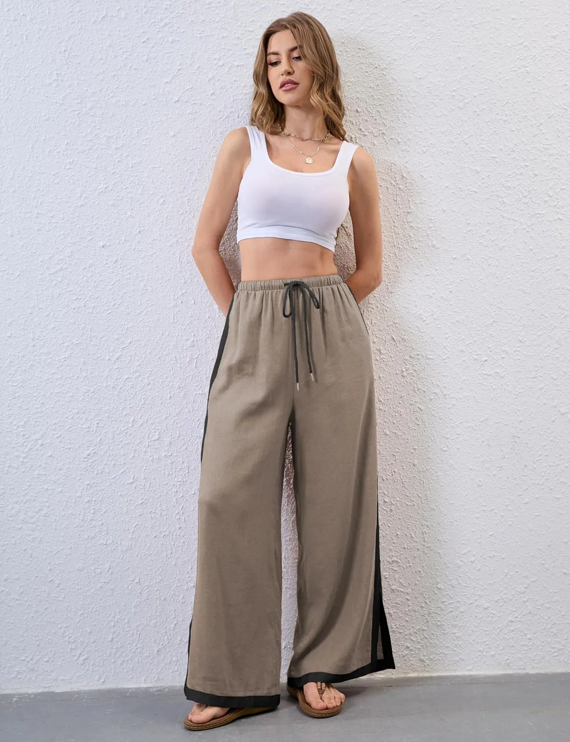 Xiaoxuemeng Wide Leg Pants for Women Casual Linen Side Striped Baggy Pants Elastic Waisted Trousers with Pockets