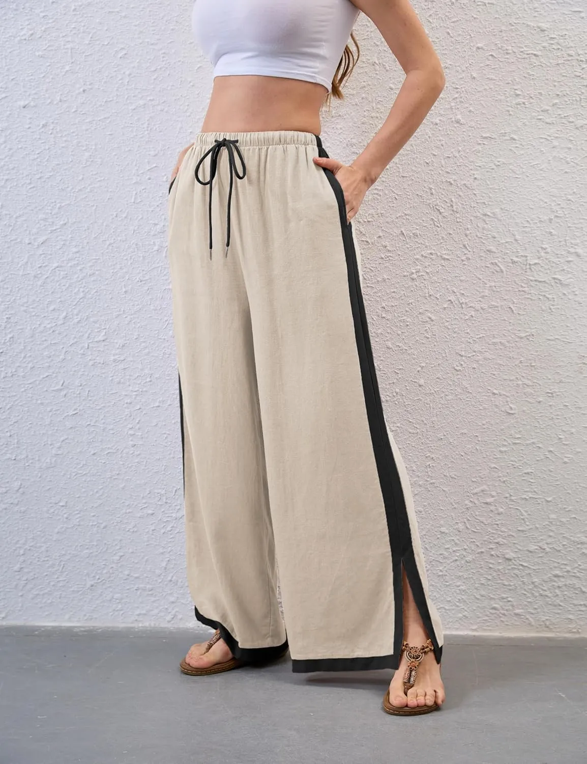 Xiaoxuemeng Wide Leg Pants for Women Casual Linen Side Striped Baggy Pants Elastic Waisted Trousers with Pockets
