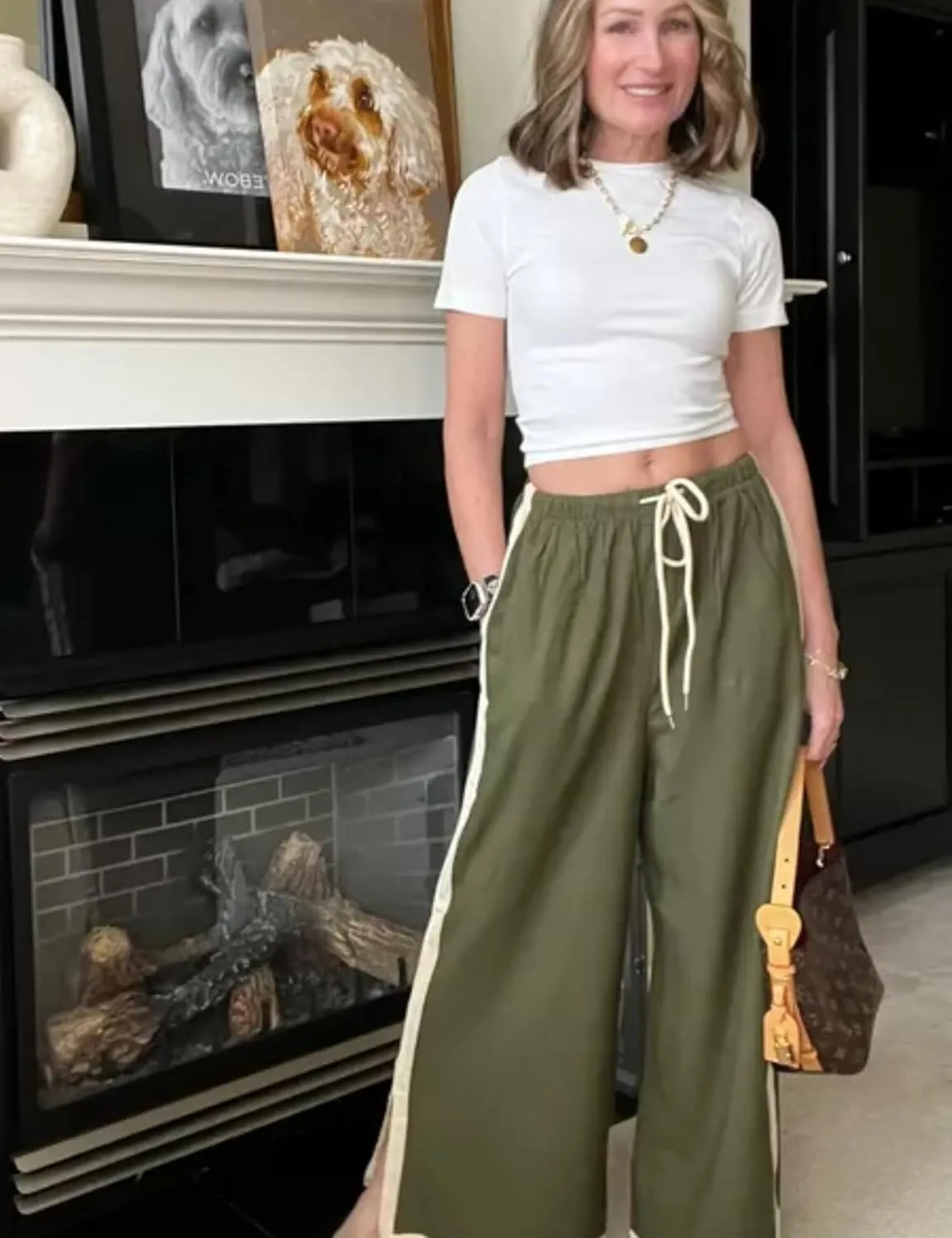 Xiaoxuemeng Wide Leg Pants for Women Casual Linen Side Striped Baggy Pants Elastic Waisted Trousers with Pockets