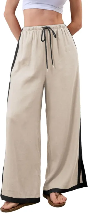Xiaoxuemeng Wide Leg Pants for Women Casual Linen Side Striped Baggy Pants Elastic Waisted Trousers with Pockets