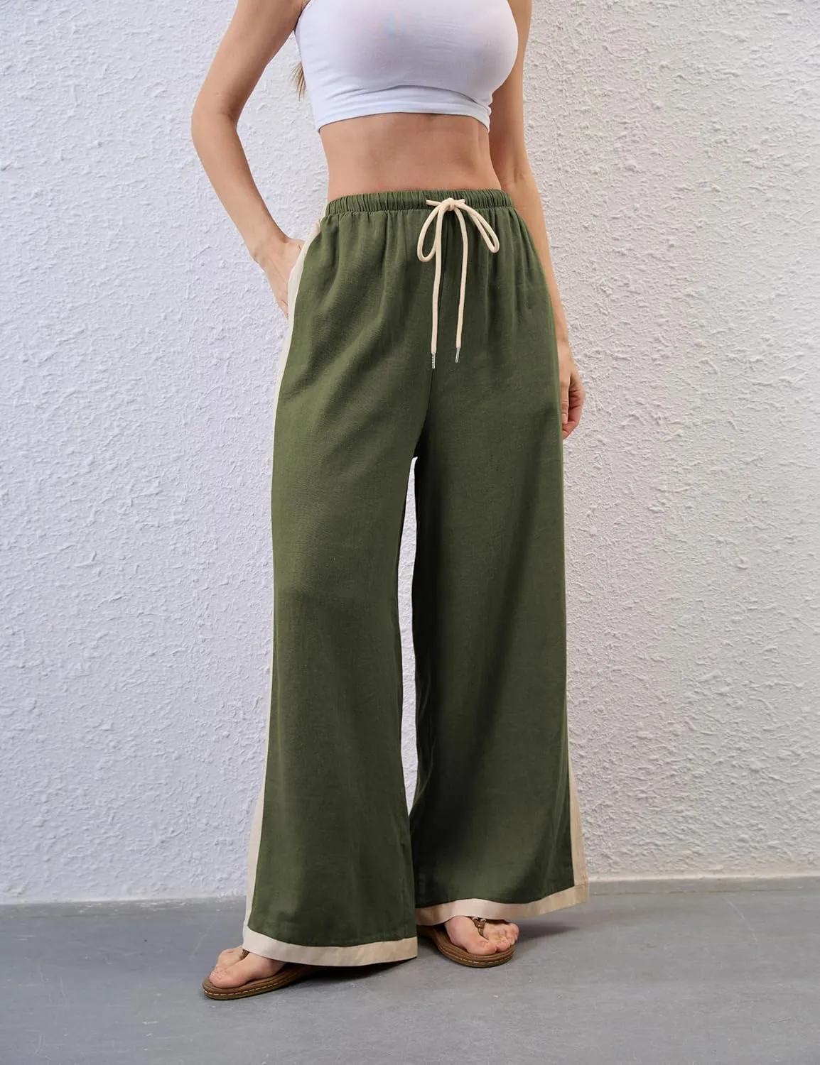 Xiaoxuemeng Wide Leg Pants for Women Casual Linen Side Striped Baggy Pants Elastic Waisted Trousers with Pockets