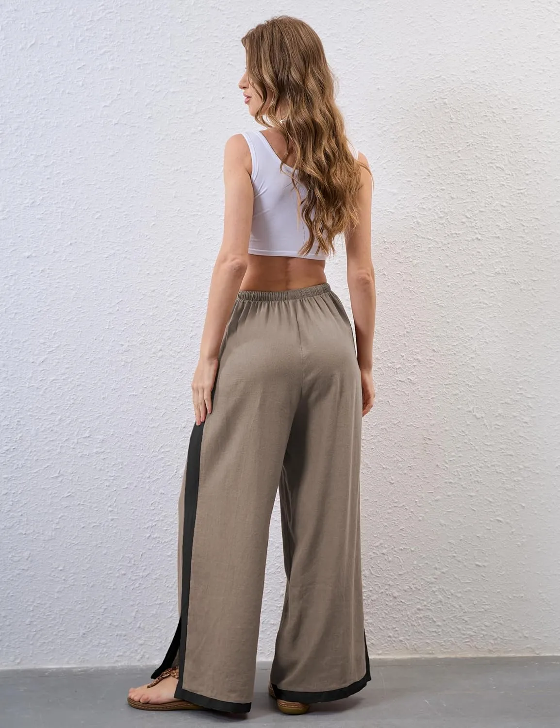 Xiaoxuemeng Wide Leg Pants for Women Casual Linen Side Striped Baggy Pants Elastic Waisted Trousers with Pockets