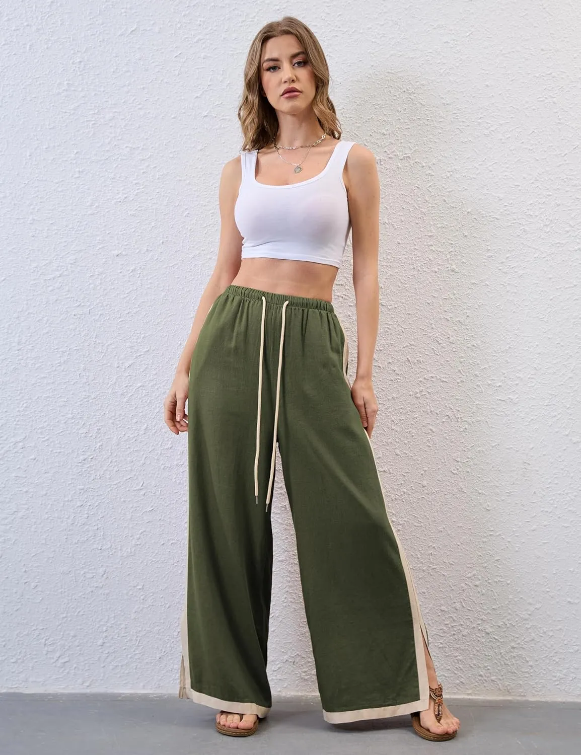 Xiaoxuemeng Wide Leg Pants for Women Casual Linen Side Striped Baggy Pants Elastic Waisted Trousers with Pockets