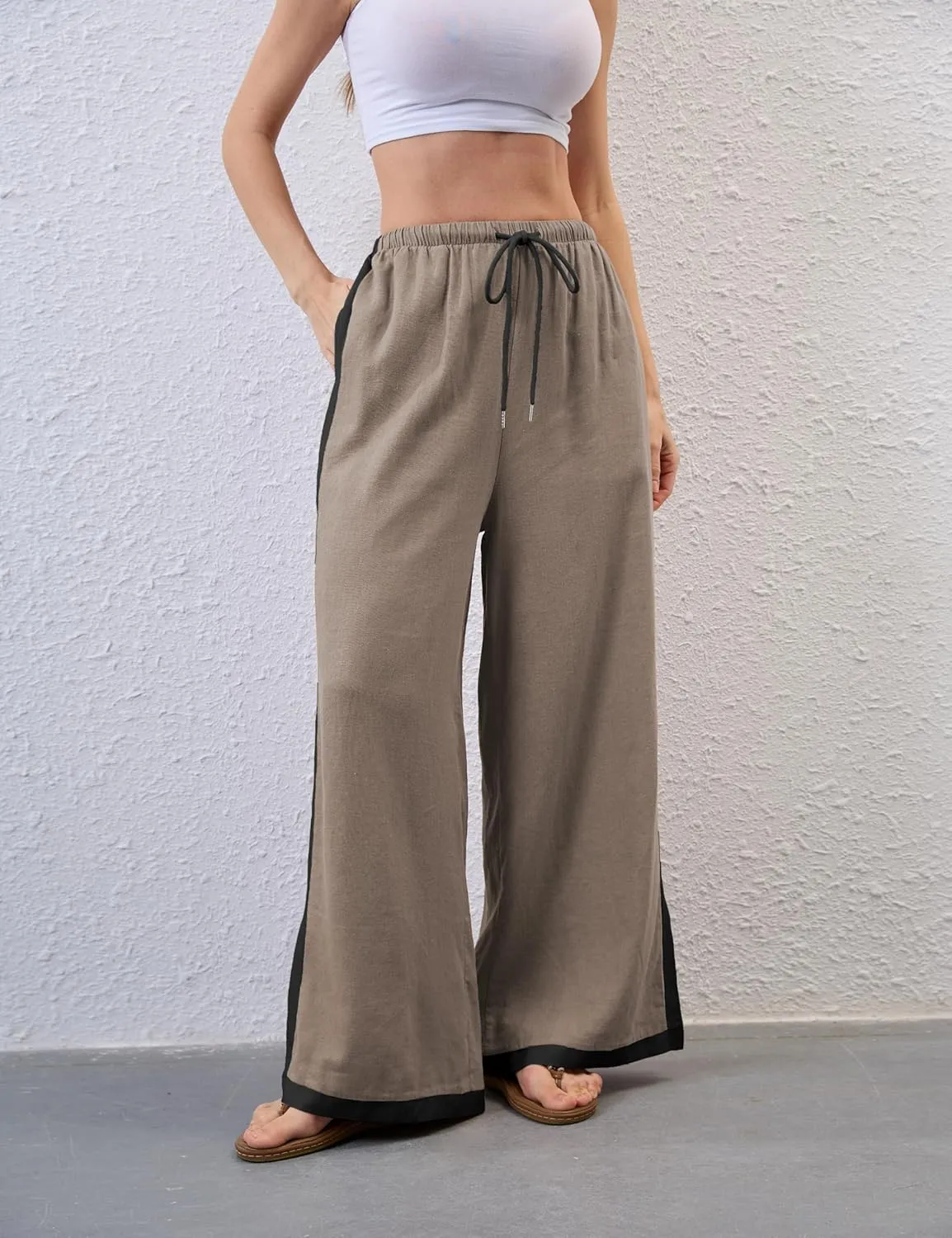 Xiaoxuemeng Wide Leg Pants for Women Casual Linen Side Striped Baggy Pants Elastic Waisted Trousers with Pockets