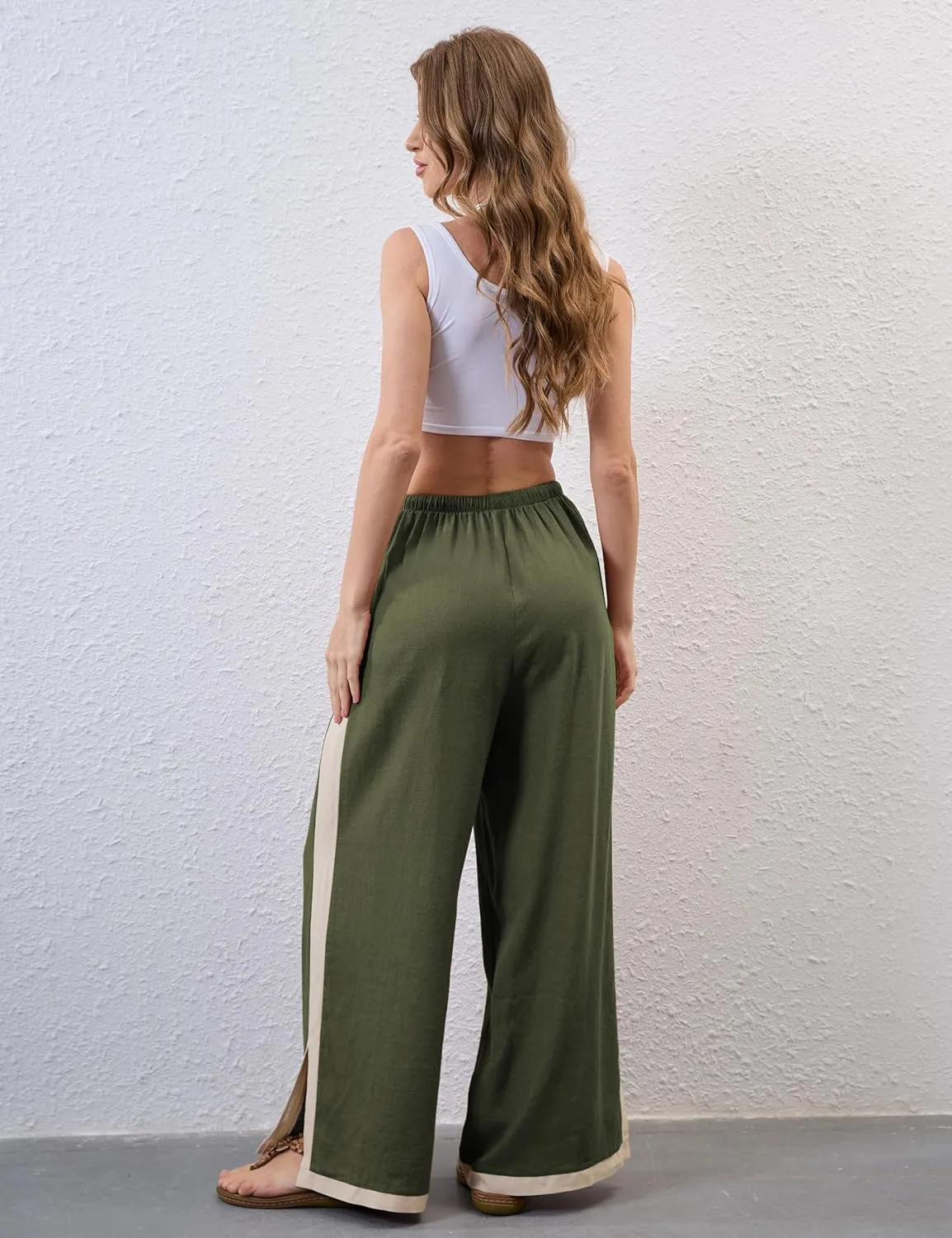 Xiaoxuemeng Wide Leg Pants for Women Casual Linen Side Striped Baggy Pants Elastic Waisted Trousers with Pockets