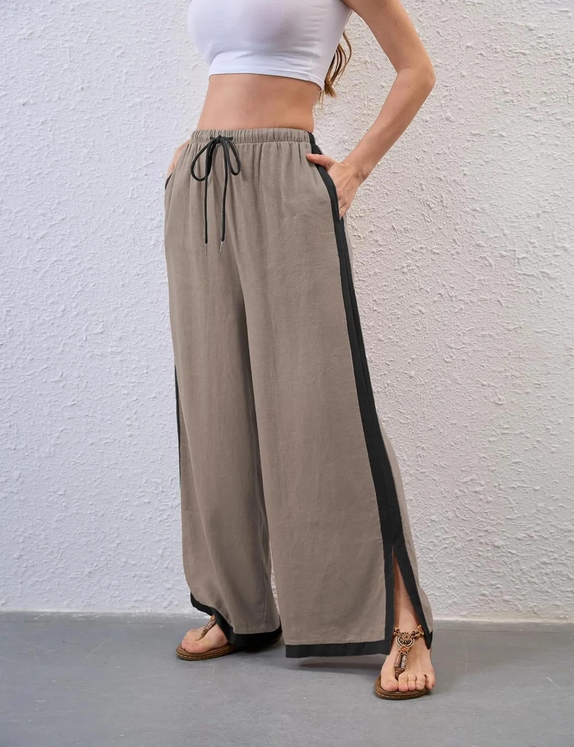 Xiaoxuemeng Wide Leg Pants for Women Casual Linen Side Striped Baggy Pants Elastic Waisted Trousers with Pockets