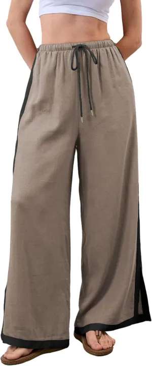 Xiaoxuemeng Wide Leg Pants for Women Casual Linen Side Striped Baggy Pants Elastic Waisted Trousers with Pockets