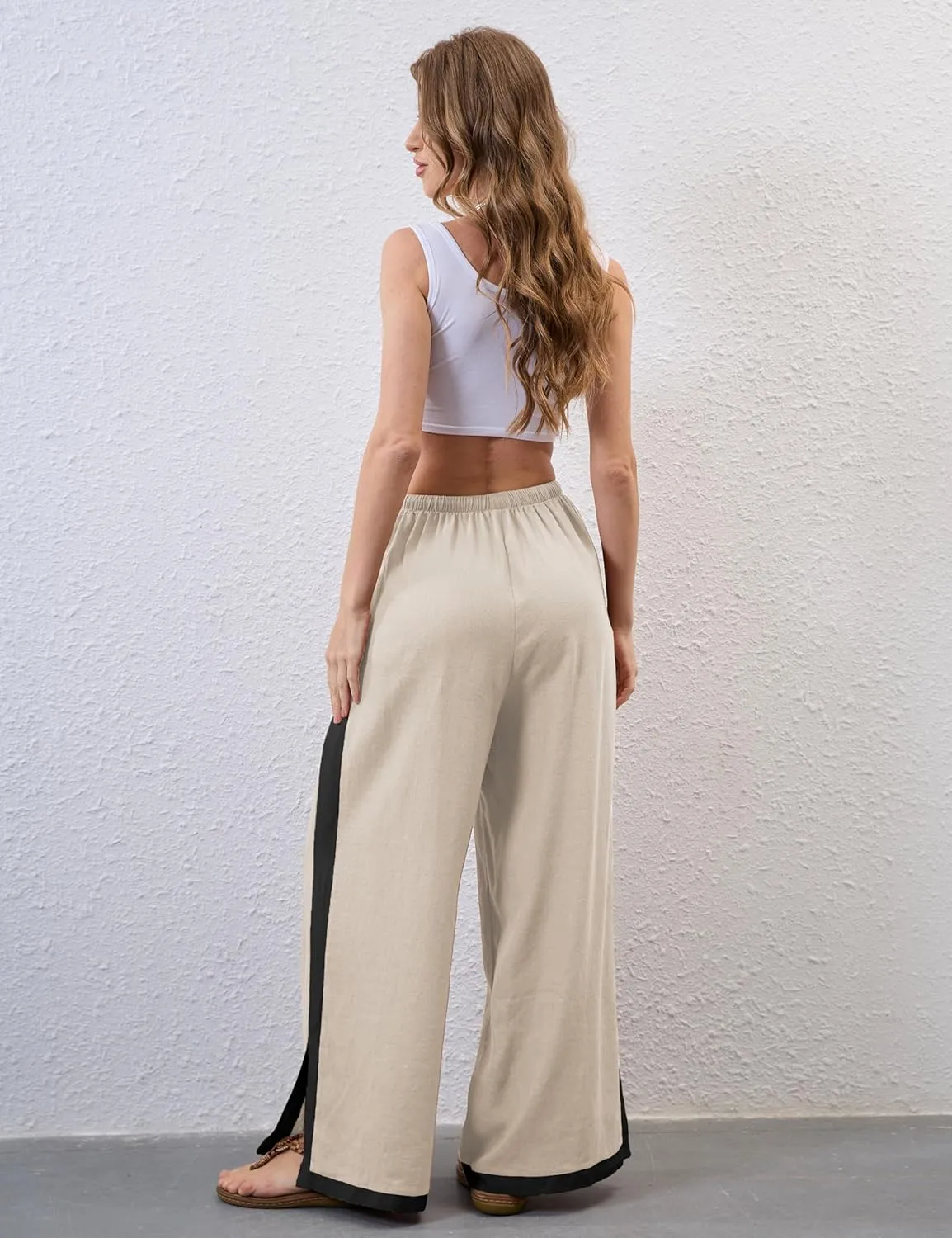 Xiaoxuemeng Wide Leg Pants for Women Casual Linen Side Striped Baggy Pants Elastic Waisted Trousers with Pockets