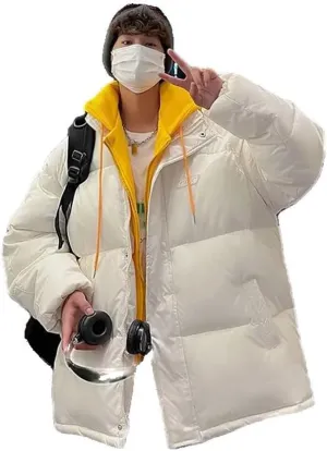 Xingfenly Men' Fake Two-piece Cotton-padded Winter Thickened Couple Hooded Coat Zipper Buttons Long Sleeves Tops