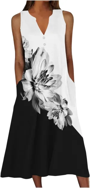 XOWRTE Summer Dresses for Women 2025 Vacation Spring Casual Midi Dresses Beach Trendy Sundresses Plus Size V Neck