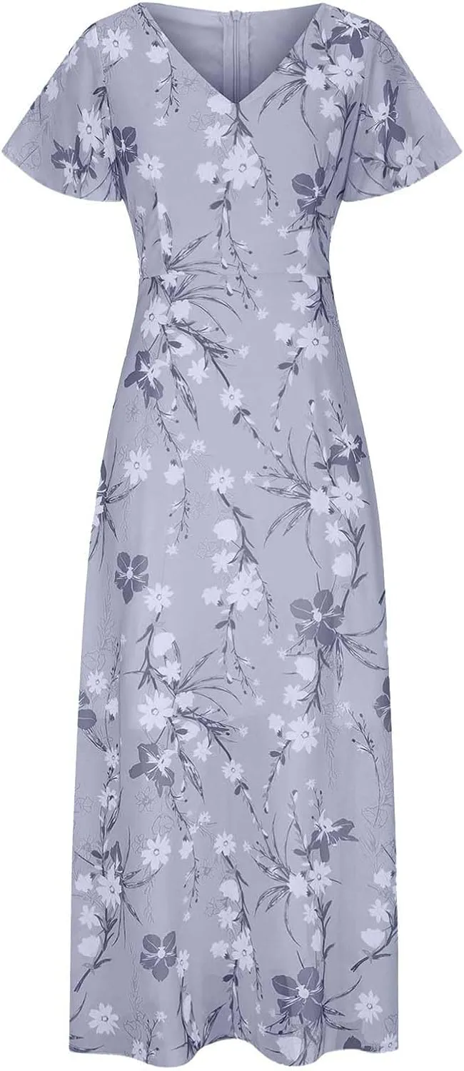 ZYXTIM Women's Summer Floral Boho Dresses Wrap V Neck Short Sleeve Ruffle A-Line Maxi Flowy Dress Pleated Hem Bohemian Outfit