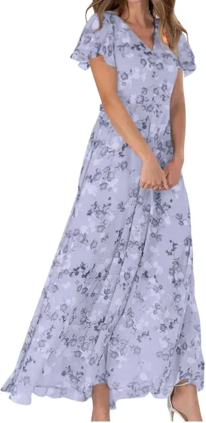 ZYXTIM Women's Summer Floral Boho Dresses Wrap V Neck Short Sleeve Ruffle A-Line Maxi Flowy Dress Pleated Hem Bohemian Outfit