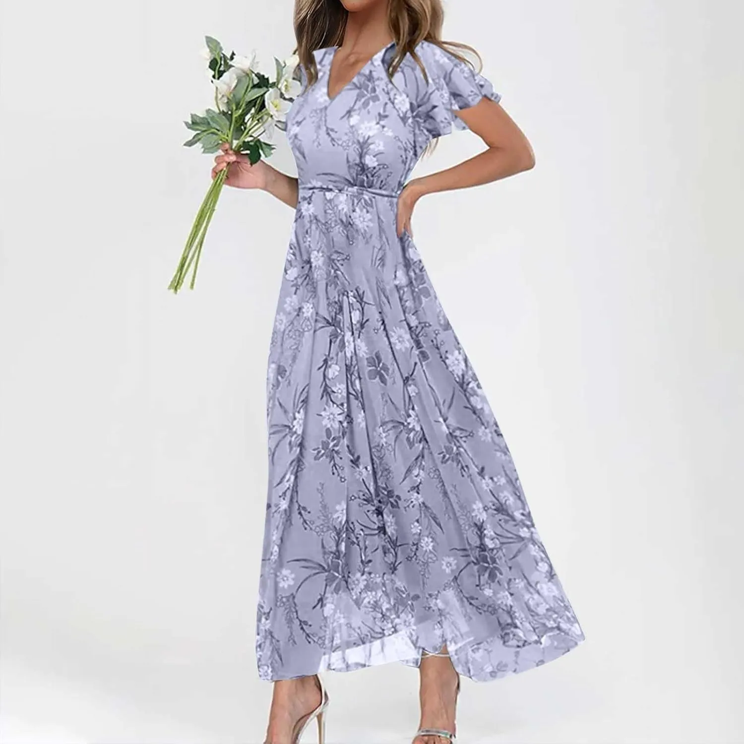 ZYXTIM Women's Summer Floral Boho Dresses Wrap V Neck Short Sleeve Ruffle A-Line Maxi Flowy Dress Pleated Hem Bohemian Outfit
