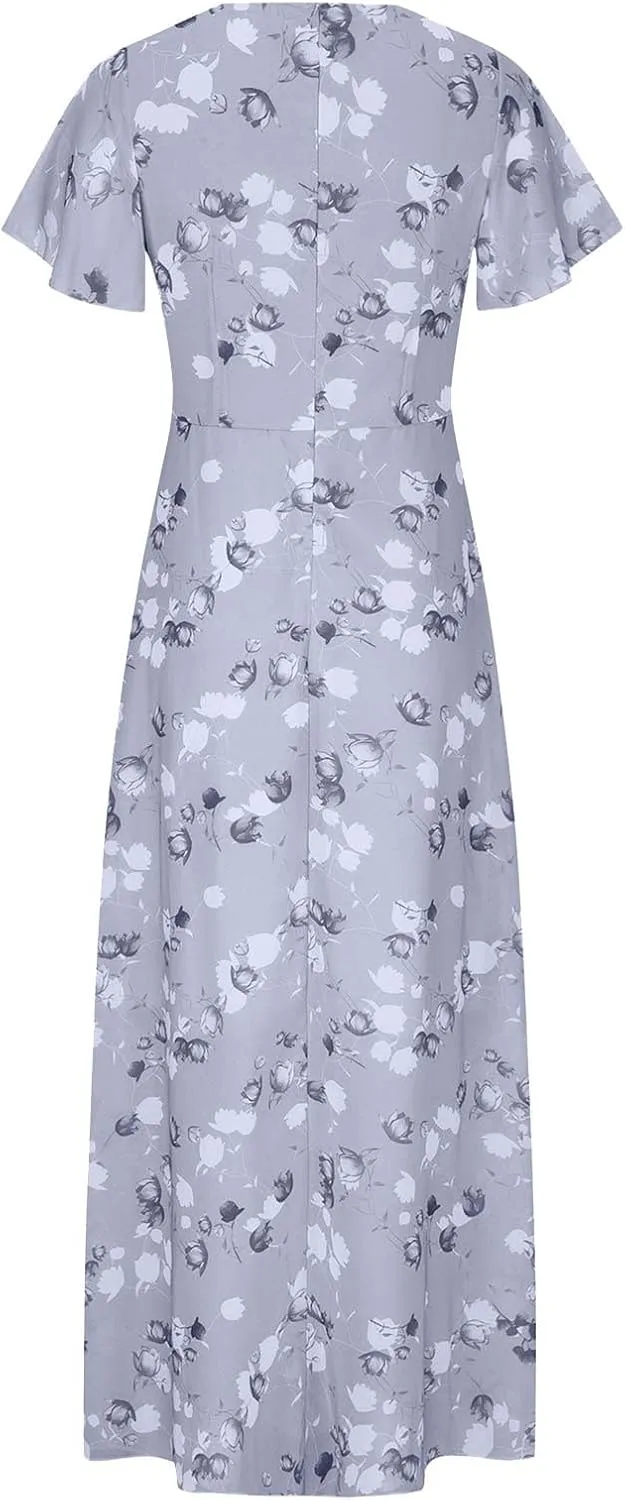 ZYXTIM Women's Summer Floral Boho Dresses Wrap V Neck Short Sleeve Ruffle A-Line Maxi Flowy Dress Pleated Hem Bohemian Outfit