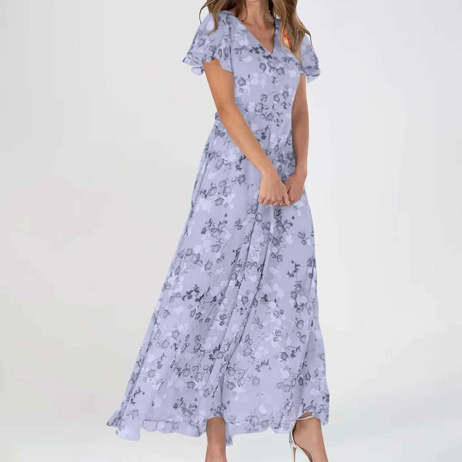 ZYXTIM Women's Summer Floral Boho Dresses Wrap V Neck Short Sleeve Ruffle A-Line Maxi Flowy Dress Pleated Hem Bohemian Outfit